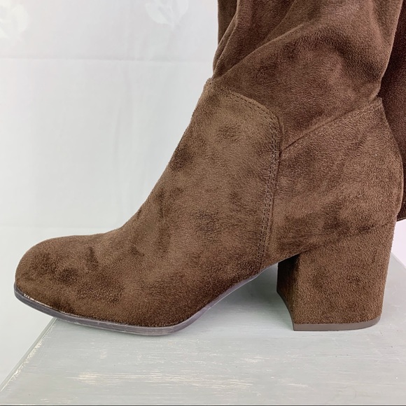 Tall Sueded Brown Block Heel Over The Knee Boots - Picture 7 of 16